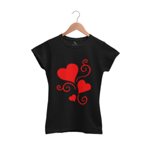 HEART DESIGN Printed Round Neck Black T-Shirts